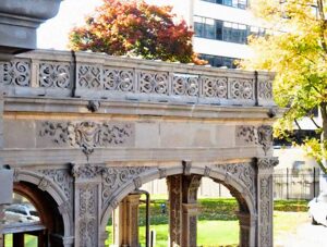 The port cochere’s sagging arch and the cracked stairs that flank it will be rebuilt.